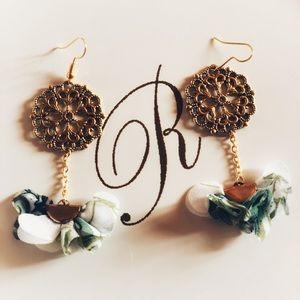 White and green Flowered Round Dangly Earrings